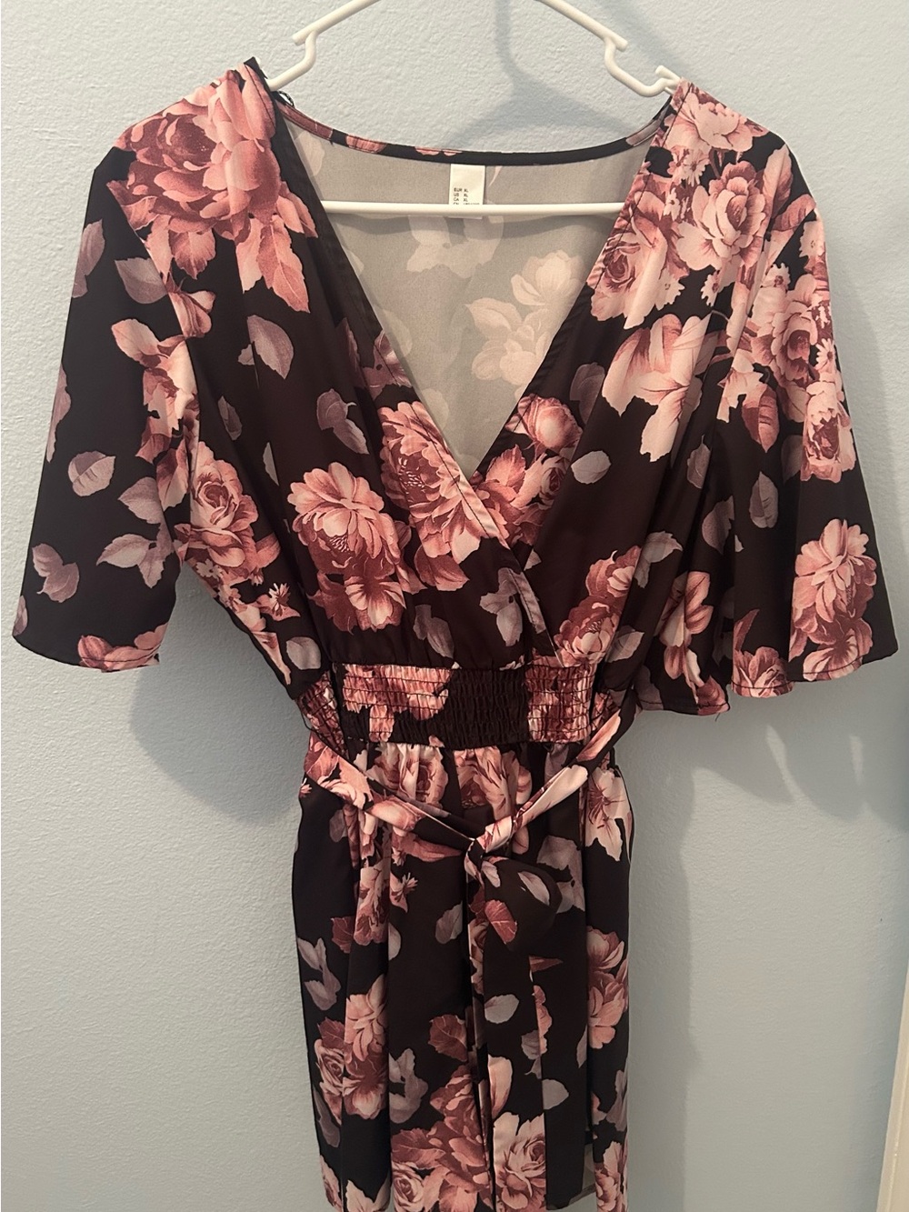 Floral Wrap Jumpsuit in Blush Pink on Black